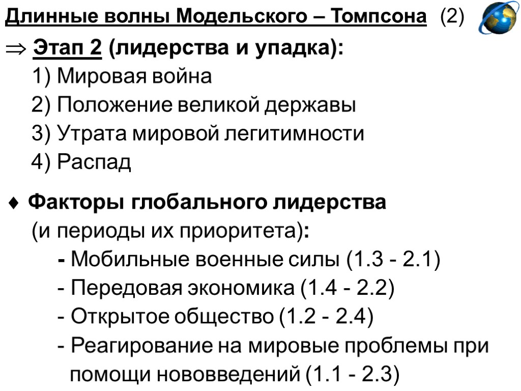 Длинные волны Модельского – Томпсона (2)  Этап 2 (лидерства и упадка): 1) Мировая